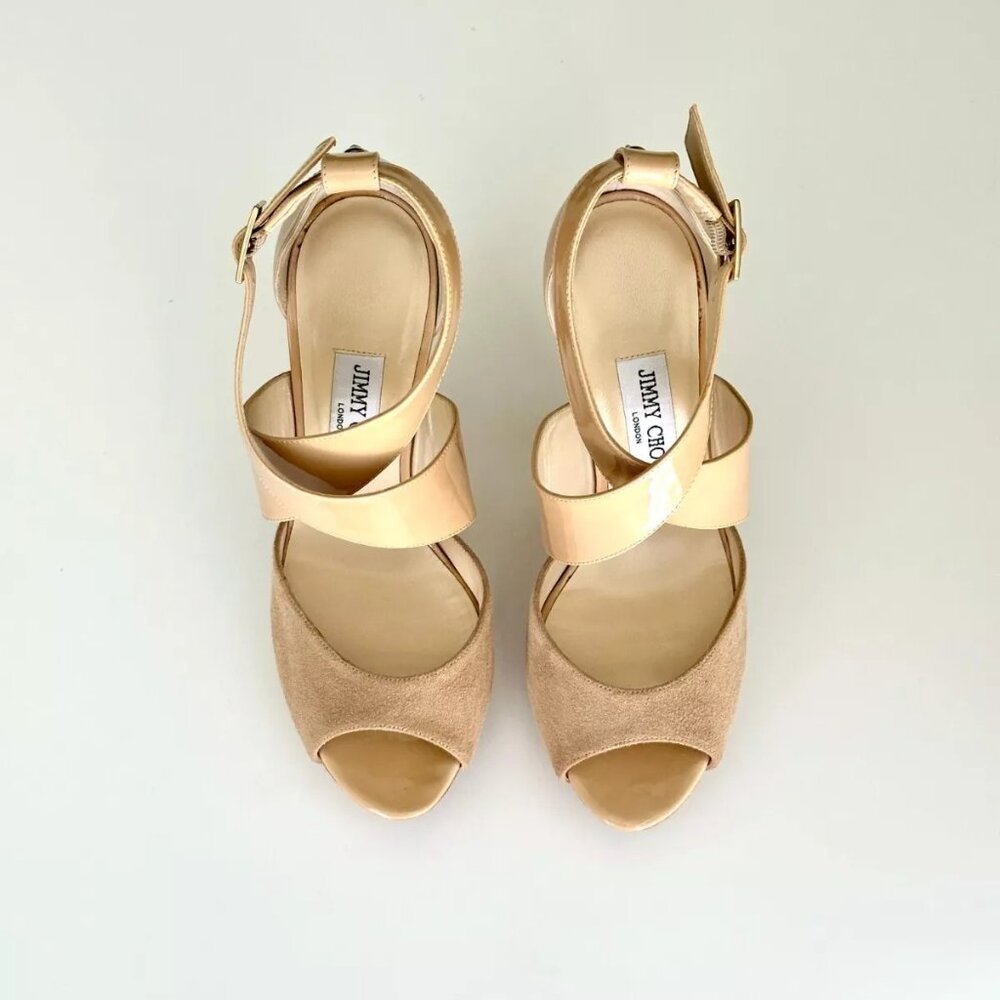 JIMMY CHOO Patent Leather Suede Platform Ankle Strap Sandals in Nude Size US 9